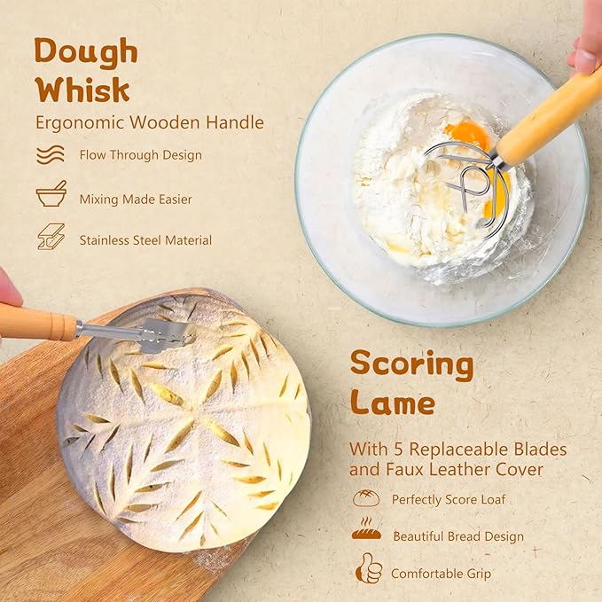 Sourdough Starter Kit-21 Piece Ultimate Bread Baking Supplies Set with Banneton Proofing Basket (9" Round & 10" Oval), Dough Jar, Bread Lame, Whisk & Tools, Complete Sourdough Kit for Beginners