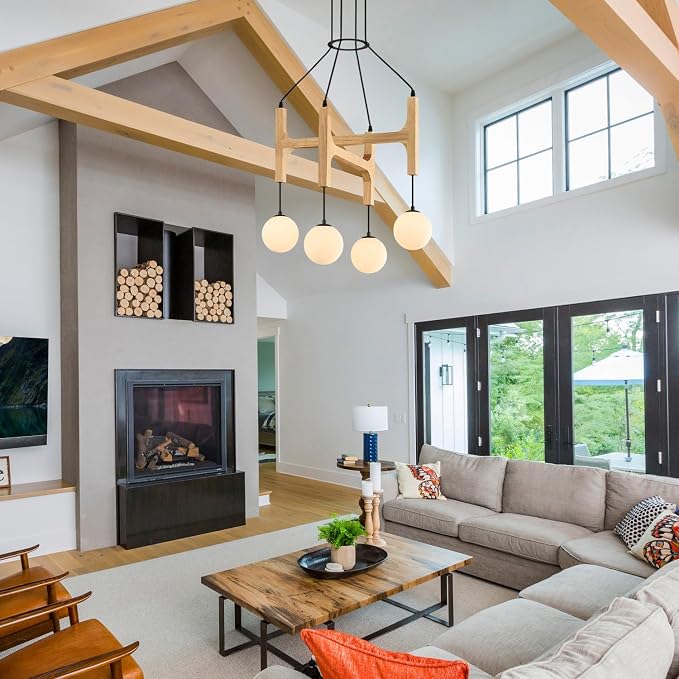 Natural Farmhouse Wood Chandeliers Vintage Milk Glass Pendant Light L24 '' Mid Century Long 4-Light Hanging Fixture for Living Dining Room Entryway Foyer Bedroom Kitchen,G9 - Image 6