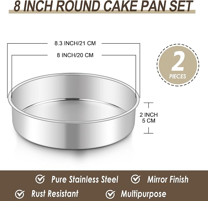 Homikit Round Cake Pan Set of 2, 8 Inch Stainless Steel Baking Layer Cake Pans, 2” Non Toxic Healthy Deep Nonstick Cake Tins, Leak-proof & Easy Releasing, Oven & Dishwasher Safe - Image 2