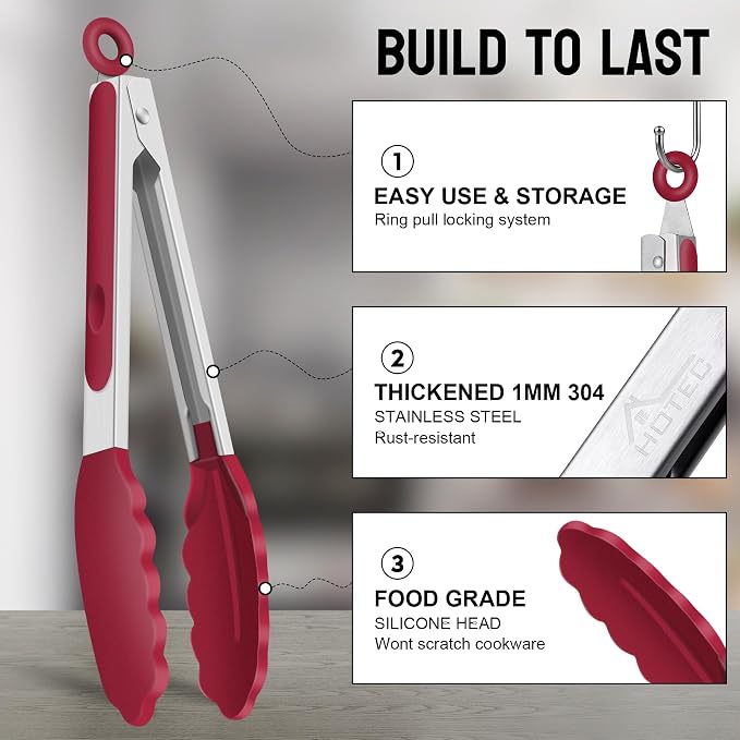 HOTEC Premium Stainless Steel Locking Kitchen Tongs with Silicon Tips, Set of 3-7", 9" and 12" (Red) - Image 4
