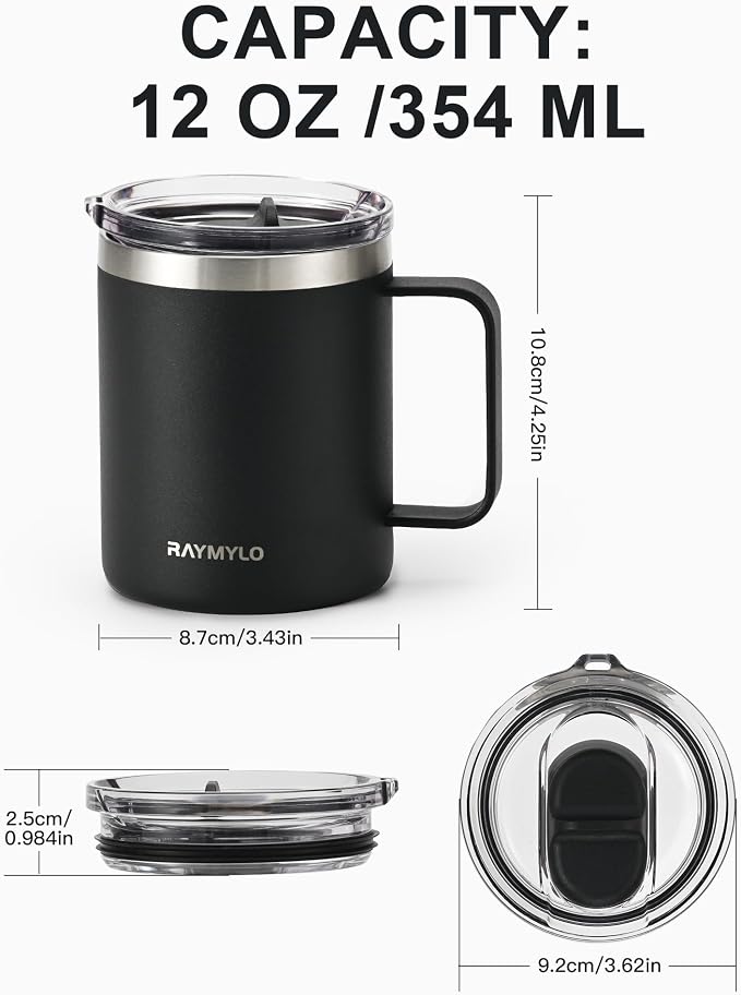 RAYMYLO Insulated Coffee Mug 12 oz, Spill-Proof & Detachable Slider Lid | Double Wall Stainless Steel with Thorough Clean Lid & Handle, Cold for 9 Hrs, Suitable for Camp Home Office - Image 6