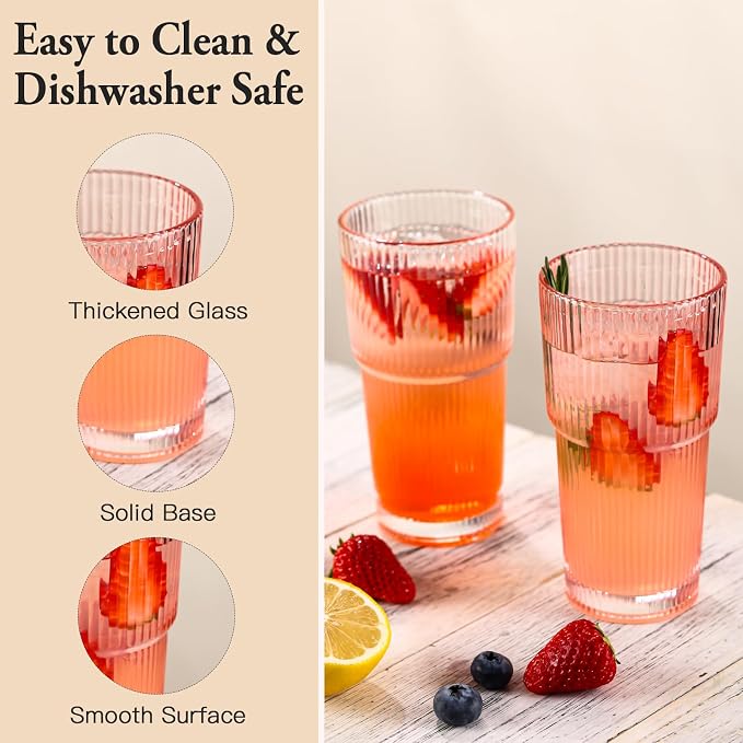 4PCS Pink Ribbed Glass Cups with Lids and Straws, 20oz Vintage Drinking Glasses, Aesthetic Iced Coffee Cups, Glass Tumbler for Boba, Beer, Tea, Cocktails, Ribbed Glassware Set,Pink - Image 6