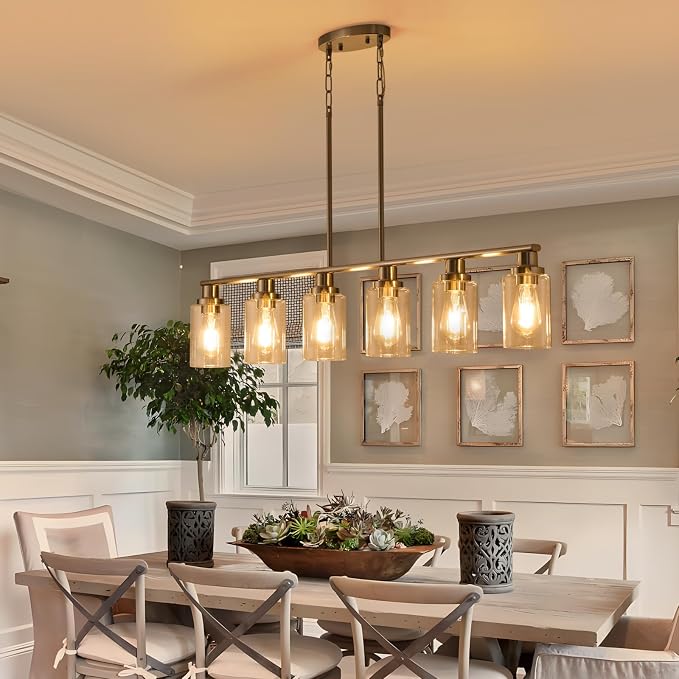 Dining Room Light Fixtures Over Table,6-Light Farmhouse Kitchen Island Lighting,44.3'' Linear Chandelier Pendant Lighting for Kitchen Island for Brushed Nickel Finish with Clear Glass Shade - Image 2
