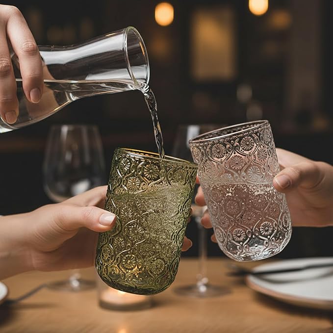 Set of 8 Vintage Embossed Glassware,4 Highball Glasses 14oz & 4 Rocks Drinking Glasses 9oz, Art Deco, for Wine, Water, Cocktail, Juice, Whiskey, Gift (Green) - Image 2