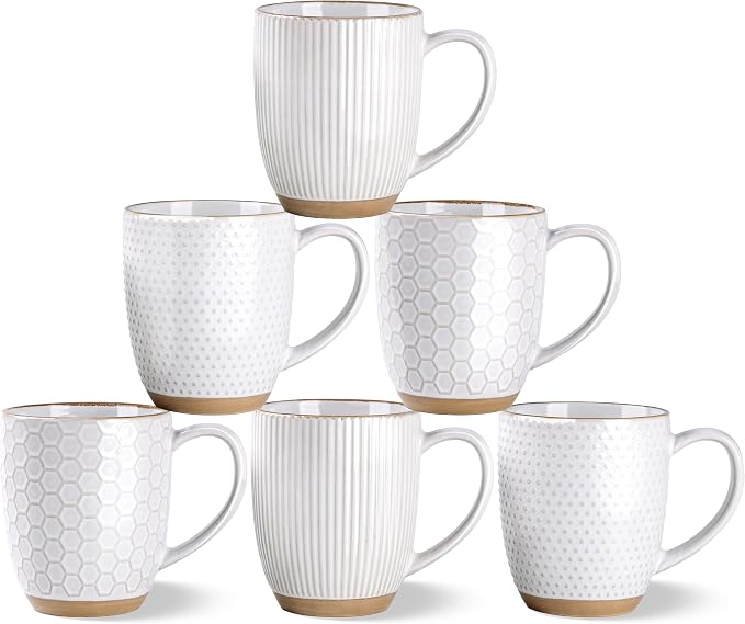 GBhome Large Coffee Mugs Set of 6, 16oz Handmade Embossed Coffee Mugs Set with Large Handle for Cappuccino/Latte/Tea/Hot Cocoa, Dishwasher & Microwave Safe, Off White by GBhome