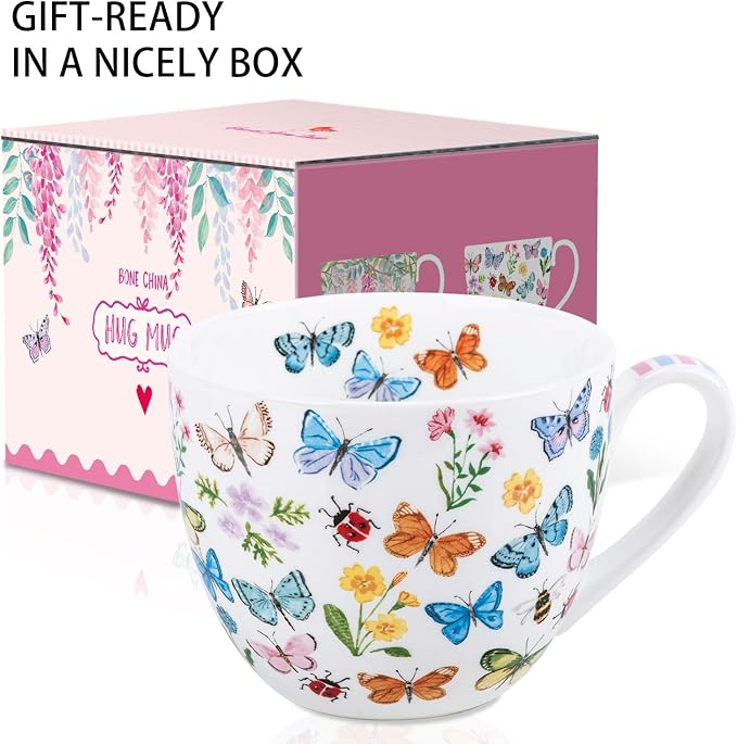Colorful Butterfly Mug - 20oz Bone China Coffee Tea Hug Mug with Multicolor Butterflies, Ladybugs, Bees & Blooms, Perfect Gifts for Mom Women Mothers Day, Designed in England by Harvest Green Studio - Image 3