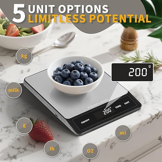Food Scale - Rechargeable Digital Kitchen Scale 33lb, 1g/0.05oz Precision, Type-C, Stainless Steel, Grams/Ounces, LCD Display, for Cooking/Baking/Meal Prep (Ash Silver)