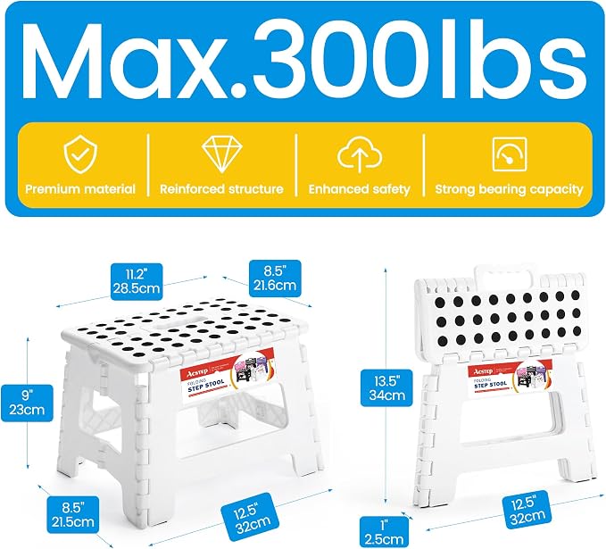 ACSTEP 9 Inch Folding Step Stool for Kids and Adults, Holds 300 lb, White | Heavy Duty Foldable Stools, Lightweight, Non-Slip, for Toddler, for Kitchen Bathroom Bedroom Outdoor, Collapsible with Handle - Image 4