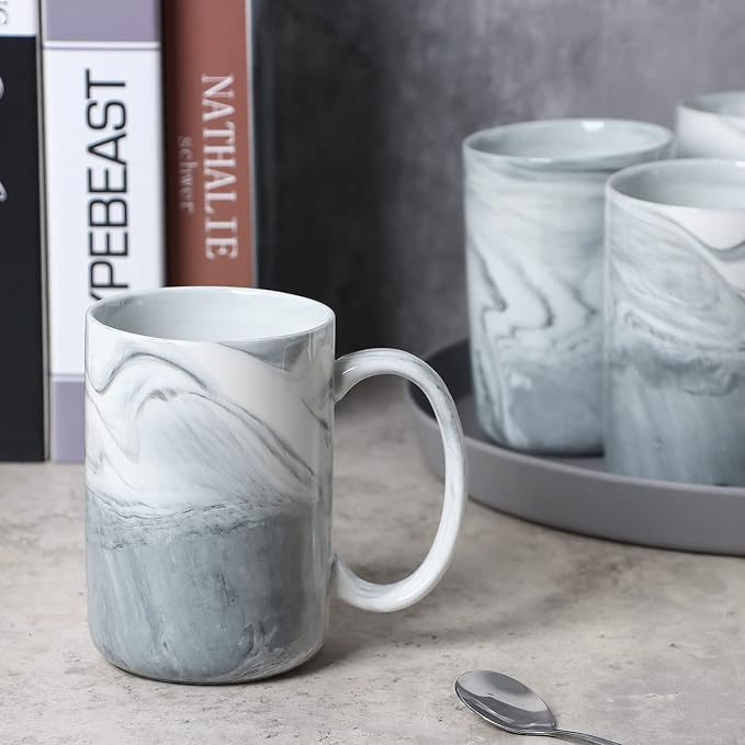 14 OZ Marble Coffee Mugs, M068 Novelty Marble Ceramic Cup for Home and Office, Microwave Dishwasher Safe, Set of 4, Gray - Image 3