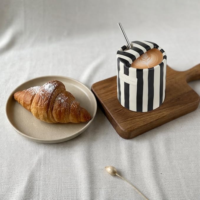 1 Pack Ceramic Coffee Mug with Sip Hole Espresso Cup 10oz with Straws Retro Hand Painted Striped Ceramic Iced Coffee Tea Travel Mug Latte Cup for Kitchen Dining (Simple,Black) - Image 7