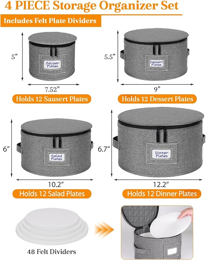 punemi China Storage Containers, 4-Set Hard Shell Dish Storage for Moving | Hard shell support with felt dividers for charger plates, dinnerware and china; stackable design holds set of 12 - Image 4
