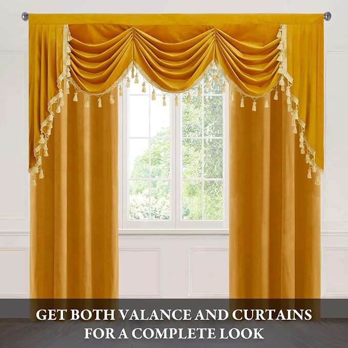 Warm Gold Velvet Curtain Valances W79 inches, 1 Panel | Fall Decor Waterfall Swag Curtains for Bedroom, Living Room, Privacy Window Drapes, Halloween Holiday Backdrop Curtains - Image 2