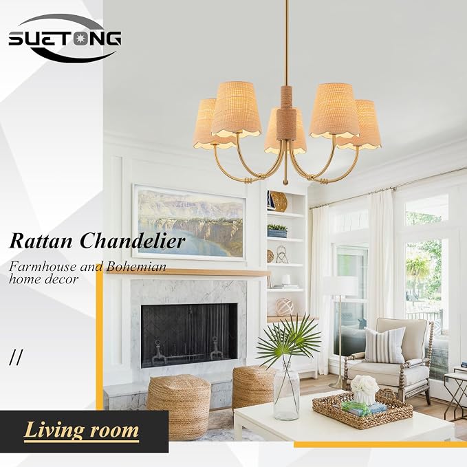 Boho Rattan Chandelier with Fabric Shade, Antique Gold Brass Farmhouse Chandeliers, 5-Lights Coastal Gold Pendant Light Fixtures for Dining Room Kitchen Island Living Room Hemp Rope - Image 8