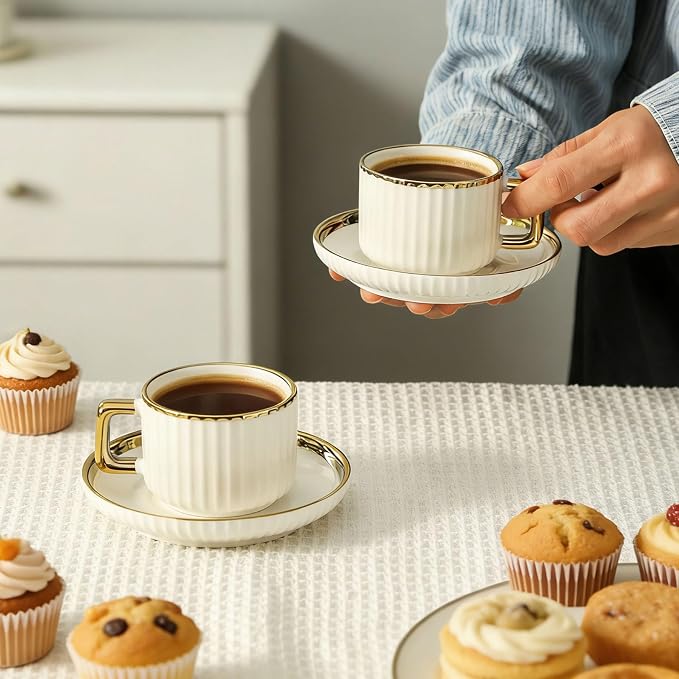 LETAOTAO Espresso Cups Set of 4, 3oz Espresso Cups and Saucers | Ceramic Coffee Cups with Gold Trim, Stackable Mini Demitasse Mugs for Espresso, Cappuccino,Latte, Americano and Tea - Image 6