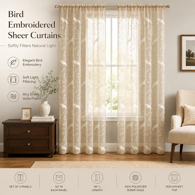 Sheer Curtains 84 Inches Long, White Bird Embroidered Taupe Sheer Curtain Window Treatments for Living Dining Room, Rod Pocket, W54 X L84, 2 Panels - Image 2