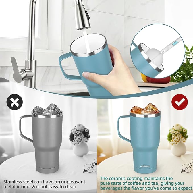 20 oz Insulated Coffee Mug with Ceramic Coating, Stainless Steel Travel Mug Tumbler with Handle Lid and Straw, Double Wall Leak-Proof Coffee Travel Mug Keeps Drink Hot and Cold (Lake Green) - Image 5