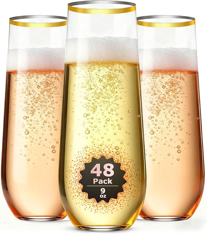 48 Pack Gold Rim Stemless Champagne Flutes, 9 oz Clear Disposable Plastic Glasses, Heavy Duty Shatterproof Recyclable Mimosa Glasses for Party Wine Tasting Wedding New Years Eve Party Supplies by GuanQiao