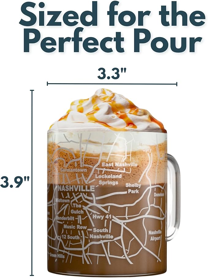 Greenline Goods – Nashville, TN Map Glass Coffee Mugs (Set of 2), 16 oz – Etched Wrap Design