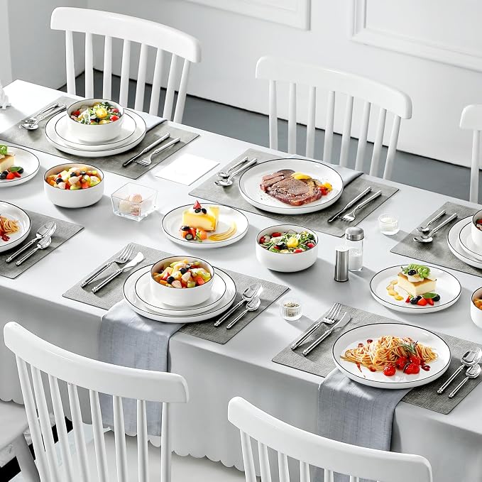 MALACASA 18 Pcs Porcelain Plates and Bowls Sets,Dinnerware Set for 6,White | Modern Ceramic Dishware Set,Kitchen Dining Ware,Microwave and Dishwasher Safe,Simple White with Black Trim Design,Series LUNA - Image 9