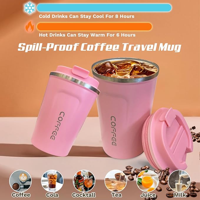 SPLMIFA Travel Coffee Mugs Leak-Proof, Reusable Coffee Cups with Lids, Stainless Steel Vacuum Insulated Coffee Tumblers, Thermal Insulation Cups for Men and Women Hot & Cold Drinks(2nd-Pink, 17OZ) - Image 2