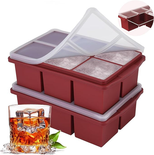 Large Ice Cube Trays for Whiskey, Silicone Ice Cube Tray, with Reinforced Steel Ring Top, Makes 12 perfect 2-in ice cubes, Square Ice Tray for Cocktails, Whiskey, Coffee. (2 Pack)