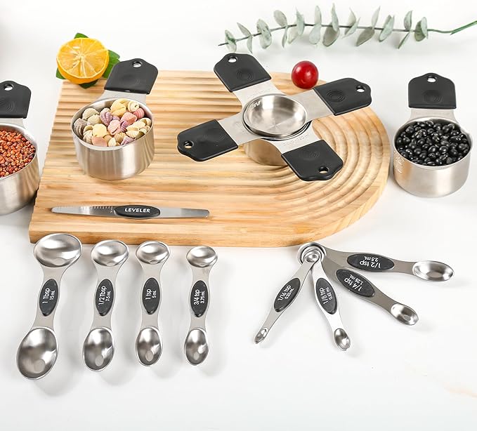 Smithcraft Magnetic Measuring Cups and Spoons Set 16, Metric & US Stainless Steel Measuring Cups and Spoons Set for Dry & Liquid, Metal Measure Cups & Spoons & Leveler for Kitchen&Baking, Black