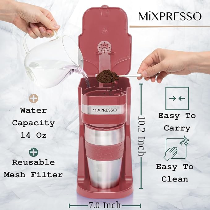 Mixpresso Single Serve & Single Cup Coffee Maker with 14oz Travel Mug Red | For ground coffee only, reusable filter, auto shut off. Compact personal drip coffee maker, not compatible with K-Cup pods. - Image 3