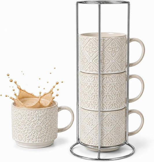 6 Oz Coffee Cups Set of 4, Espresso Cups with Stand, Stackable Cappuccino Mugs Set, Embossed Coffee Cup for Latte, Tea, Cocoa, Mocha, Housewarming Present, Dishwasher Safe by Unknown