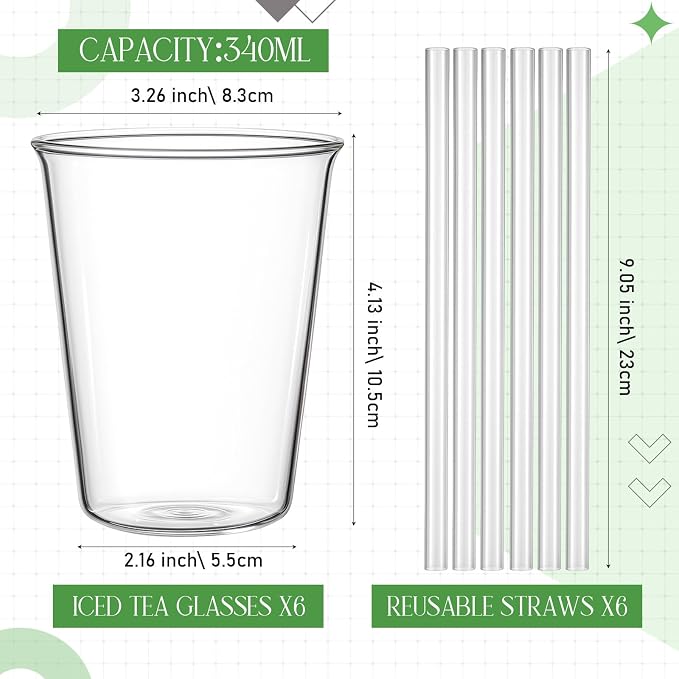 Set of 6 11.8 oz Clear Drinking Glass with Straws 340 ml Iced Tea Beer Cups Heat Resistant Kitchen Glassware for Juice, Beverage, Cocktail, Coffee, Soda - Image 2