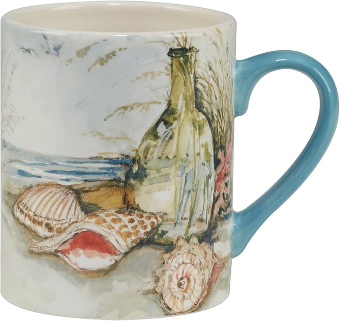 Coastal Landscape 16 oz. Ceramic Mugs – Set of 4 Assorted Beach Designs with Starfish, Shells & Ocean Bottles – Seaside Coffee Cups for Tea, Hot Cocoa, or Gifting – Blue Handle Accent (Pack of 3) - Image 5