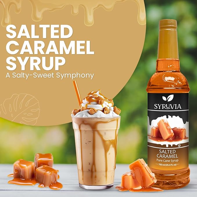 SYRUVIA Syruvia Salted Caramel Coffee Syrup – 25.4 fl oz Syrup for Coffee, Lattes, Shakes, Smoothies, Desserts – 100% Vegan, Gluten Free, Kosher Coffee Syrup, (Pack of 3)