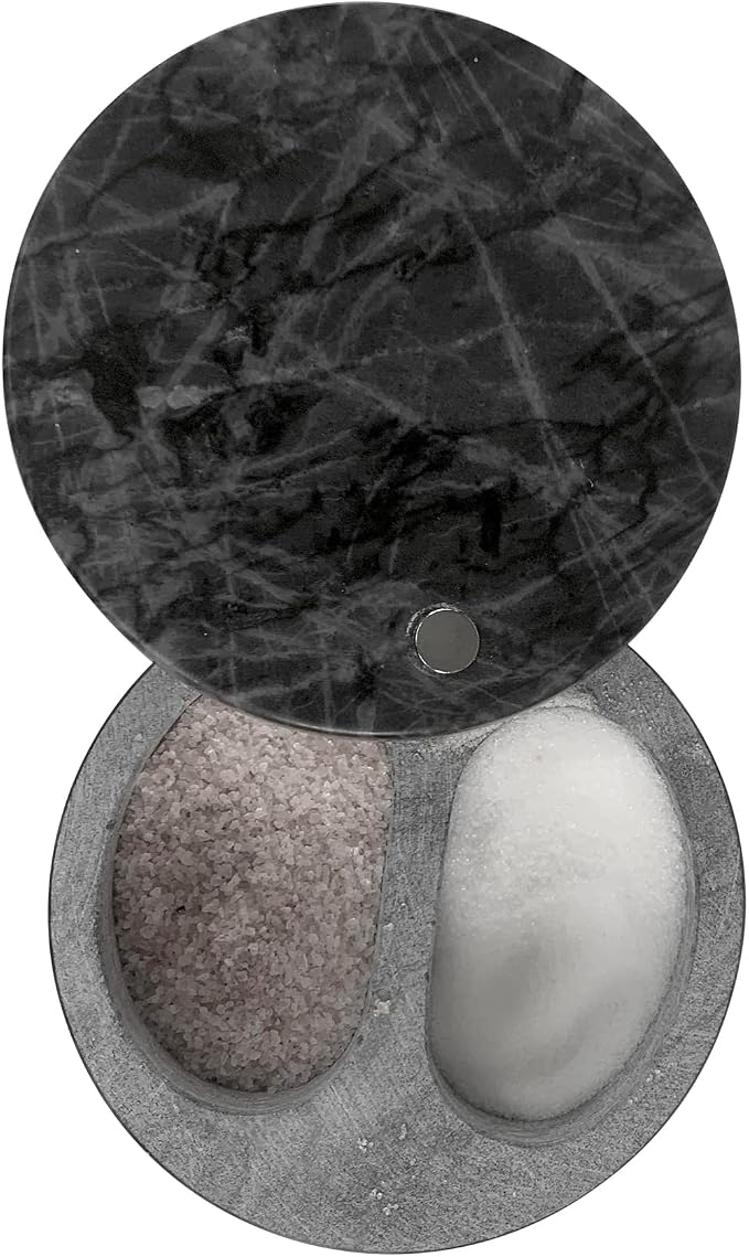 Fox Run Black Marble Double Salt Cellar Black 4” x 4” x 2.5” | Store Herbs, Spices Jewlery & More | Beautiful Black Marble Salt Holder With Lid | Two Compartments For Easy Storage by foxrunbrands