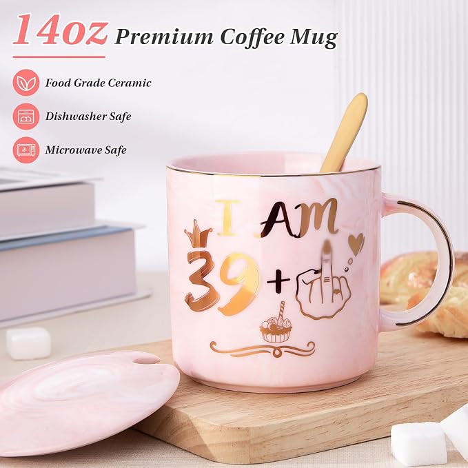Funny 40th Birthday Gifts for Women, 14oz Pink Mug with 39+1 Hand Design | Marble Ceramic Gold Print Coffee Cup, Greeting Card & Luxury Gift Box, Celebrating Her Fabulous 40th with Humor and Style - Image 2