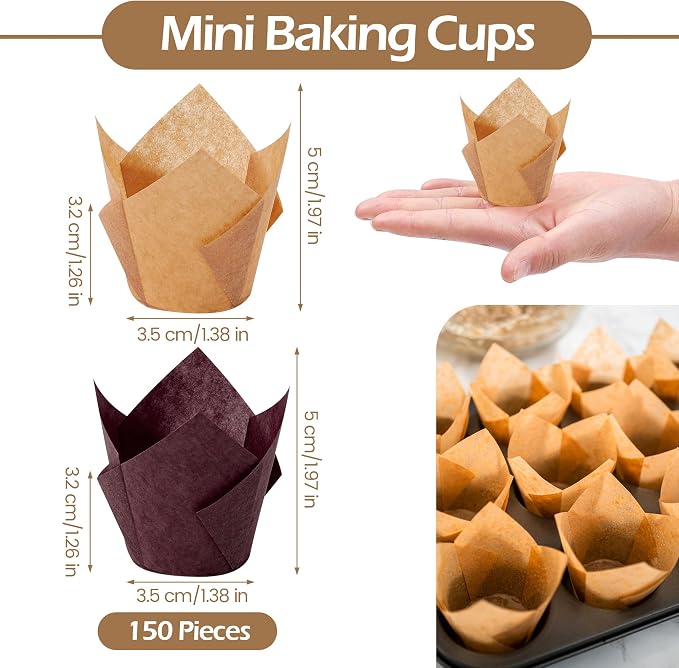 150 Pcs Mini Cupcake Liners Muffin Liners Baking Cups | Tulip Cupcake Liner for Baking Wedding, Birthday, Baby Shower Parties, Brown, Natural - Image 2