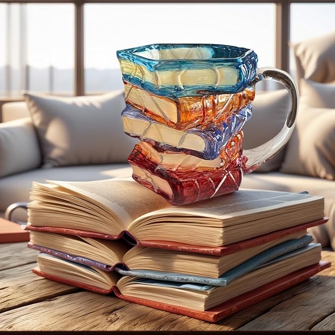 3D Painted Book Stack Glass Coffee Mug, 12.99 oz Colorful Heat-Resistant Cup, Christmas & Holiday Gifts for Books Lovers, Readers, Writers, Librarians, Book Club and Bookworm Fans