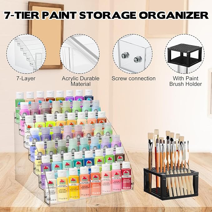 2 Pack 7 Tiers Clear Acrylic Paint Organizer with Brush Holder,paint Organizers Set Miniature Paints Holders, 7 Layers Paints Storage Rack, Craft Paint Rack
