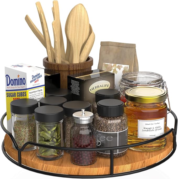 Lazy Susan Turntable Organizer with Anti-Slip Mat for Cabinet Pantry Kitchen Countertop Refrigerator Office, Pine Wood, 10", Carbonized Black by AXTEE