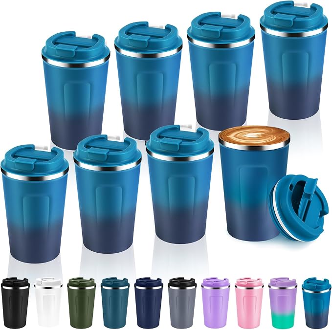 Volhoply 12 oz Double Wall Insulated Vacuum Travel Coffee Mug with Flip Lid Bulk 8 Pack,Reusable Stainless Steel Leak Proof Coffee Cup,Portable Thermal Tumblers for Hot & Cold Drinks(Dark Night,8 Set) by LiveFully%EF%BC%8CDrinkFreely%E2%80%94KeepGoingwithVolhoply%EF%BC%81