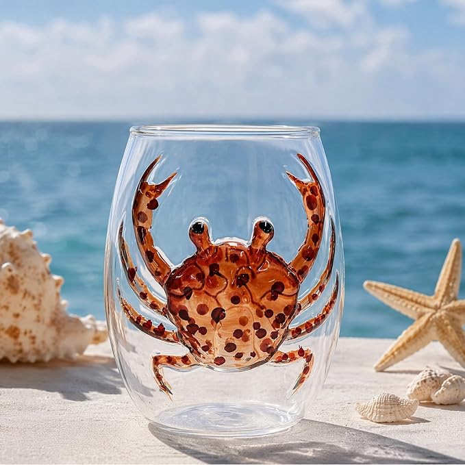 Handmade Blue Glass Stemless Wine Cup 3D Ocean Animal Bar(White Style 2) | 3D Sculpted Handmade Blue Ring Stemless Wine Glass Ocean Cup Handblown Glassware Ocean Lover Gift - Image 8