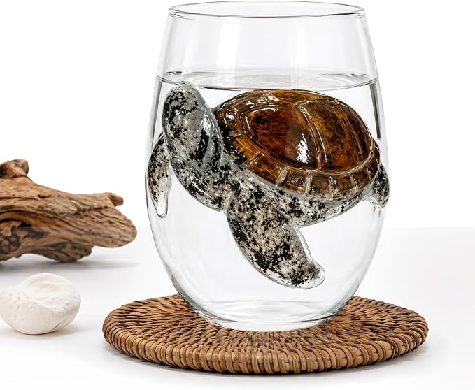 3D Blue Handmade Stemless Wine Glass Ocean Animal Bar Cup (White Style 7) | Handmade 3D Blue Ring Stemless Glass for cocktails & drinks in White Style; unique ocean-inspired glassware for gifting - Image 2