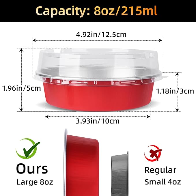 Beasea 4 Inch Disposable Tart Pans with Lids, 120 Pack 8oz Mini Pie Tins Creme Brulee Ramekins Bright Red Aluminum Foil Pie Tart Cake Baking Pans Individual Round Containers Oven Safe for Baking - Image 2