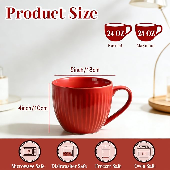 24 oz Large Ceramic Coffee Mug Set of 2, Red & Green Ribbed | Jumbo Mugs with Handle, Giant Soup Cups for Hot Chocolate, Latte, Oatmeal - Ideal Gift for Dad & Grandpa, Large Soup Bowl - Image 3