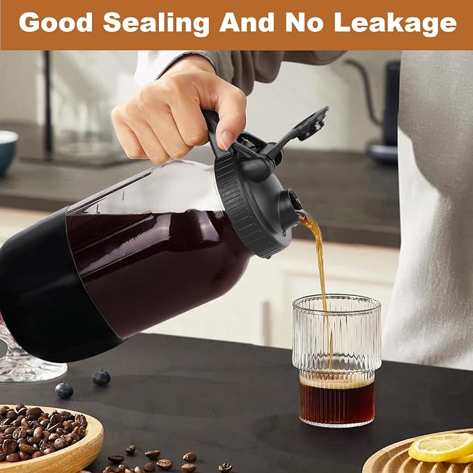 Cold Brew Coffee Maker, 64oz Mason Jar Pitcher with Stainless Steel Filter, Leak-Proof Lid with Pour Spout & Handle, Heavy Duty Glass Iced Coffee Tea Brewer with Protective Silicone Sleeve-Black - Image 5