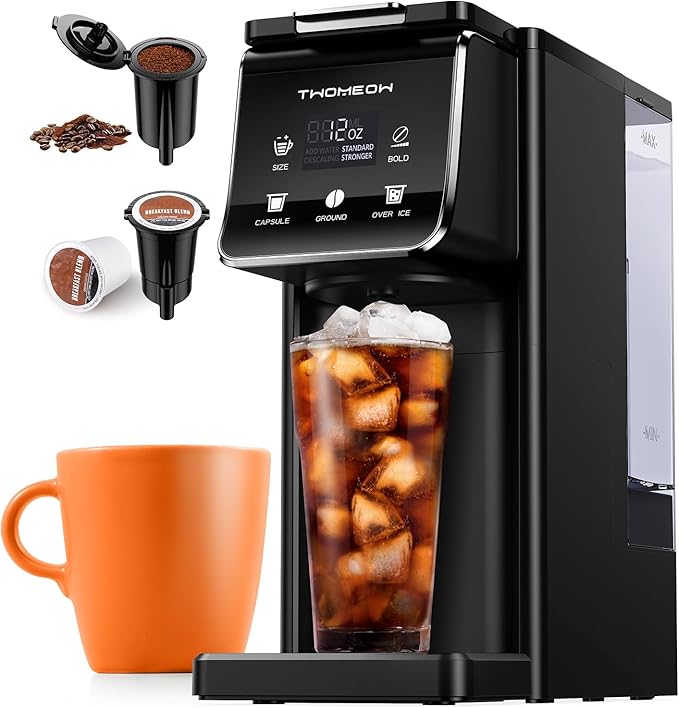 Coffee Maker Hot & Iced With Bold Setting,Single Serve Coffee Maker For K Cup And Grounds,52 Oz Removable Water Tank,6-14 Oz Brew Sizes,One Cup Kcup Coffee Machine With Reusable Filter,(Black) by TWOMEOW