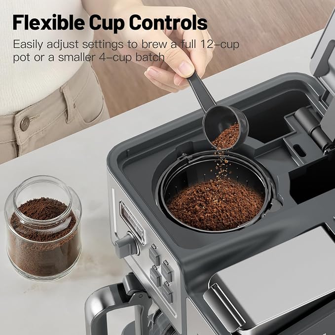 2-Way 12-Cup Programmable Brewer Coffee Maker (Silver) | Compatible with K-Cup Pods & Grounds, Single Serve & Full 12 Cup Pot, 4H Keep Warm, Fast Brewing for Home & Office Use - Image 6