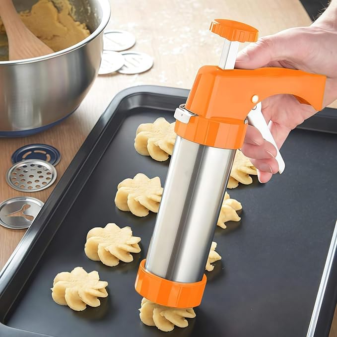Spritz Cookie Press Gun Kit,13 Cookie Discs+8 Icing Nozzles Perfect for DIY Christmas Cookies and Decorating Cookies,Gifts for Wome(Comes with Cleaning Brush)(yellow)