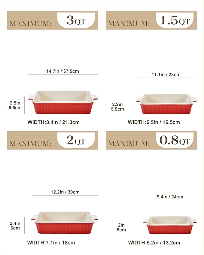 Bakeware Set of 4, MALACASA Porcelain Baking Pans Set for Oven, Casserole Dish, Ceramic Rectangular Baking Dish Lasagna Pans for Cooking Cake Pie Dinner Kitchen, Red (9.5"/11.25"/12.75"/14.5") | Rectangular Lasagna Pan Bakeware for Roasting Vegetable, ... - Image 2
