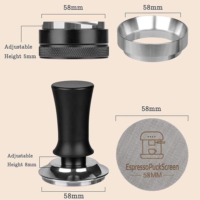 58mm Espresso Tamper Kit - Spring-loaded Coffee Tamper, Adjustable Depth Espresso Distributor Leveler, Magnetic Dosing Funnel Aluminum Metal, Reusable Puck Screen, Fit for 58mm Portafilters