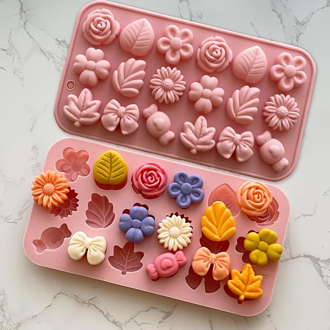 Flower Candy Molds Silicone 2PCS Daisy Flower Chocolate Molds Tulip Flower Mold Bow Tie Leaf Jello Molds Ice Mold Pudding Molds Soap Molds Cookie Molds for Desserts Making - Image 4