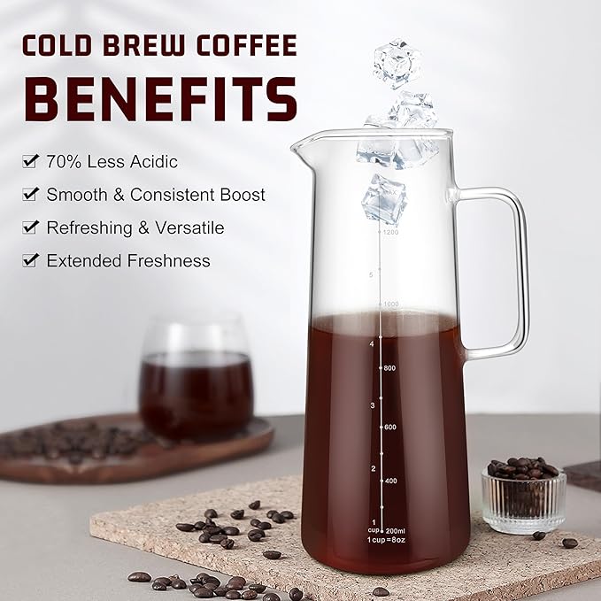 Cold Brew Coffee Maker & Ice Tea Maker, 1.4L/48oz Cold Brew Pither, Borosilicate Glass Carafe with Stainless Steel Filter, Airtight Lid, Dishwasher Safe, Easy to Use | Mannual & Brush Included